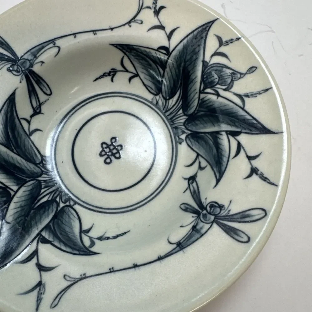 Bat Trang Vietnamese Hand Painted Pottery 2 Bowl heart trinket dish Dragonflies